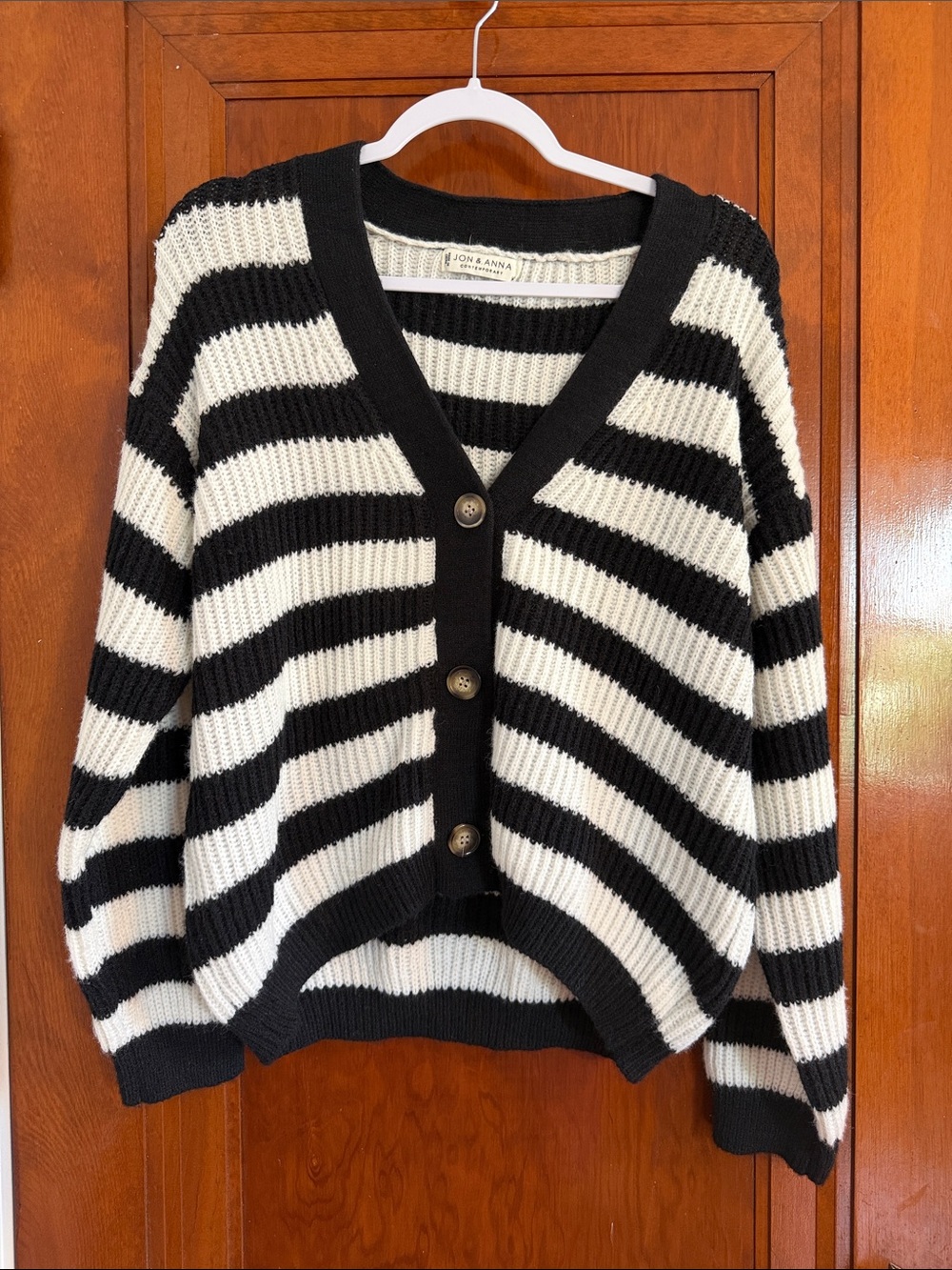 Jon & Anna Black & White Wide-Striped V-Neck Button Cardigan